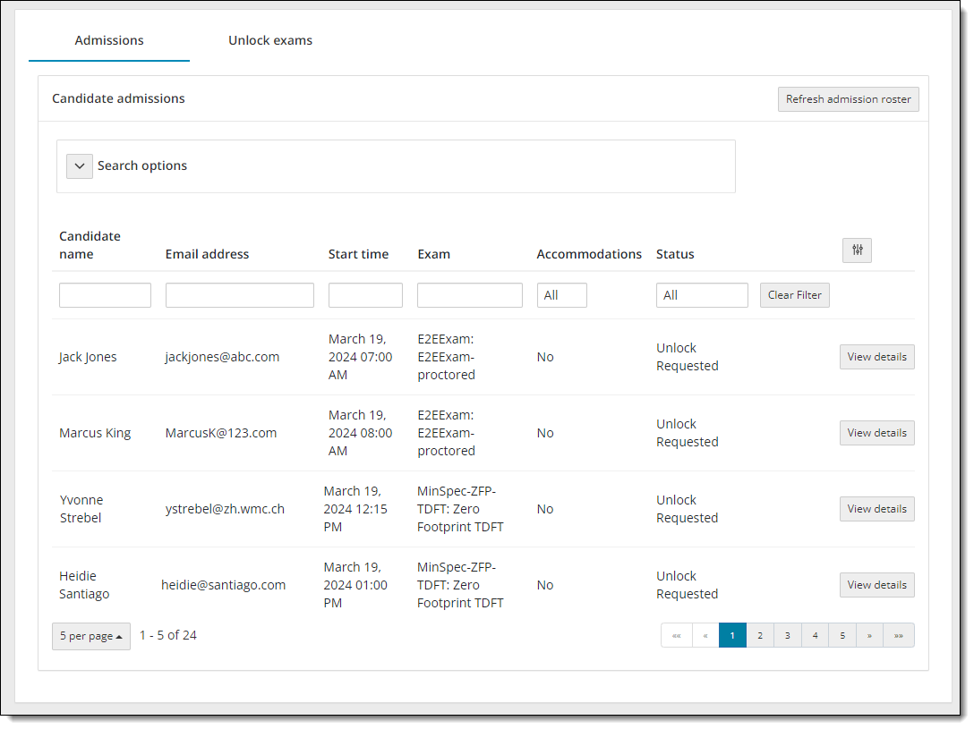 Candidate admissions status is now Unlock Requested.